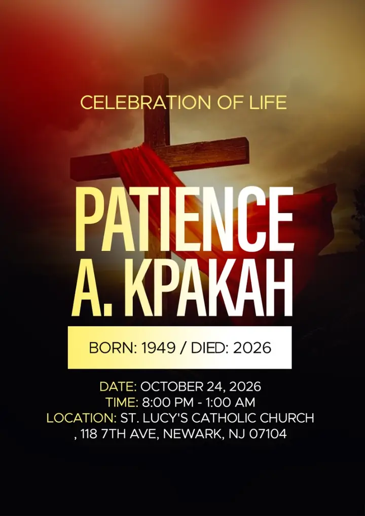 Cover: Celebration of Life, Patience A. Kpakah, born 1949, died 2026. October 24, 2026, 8:00 PM to 1:00 AM, St. Lucy's Catholic Church, 118 7th Ave, Newark, NJ 07104